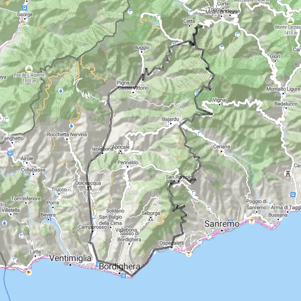 Map miniature of "Mountain Challenge of Dolceacqua and San Romolo" cycling inspiration in Liguria, Italy. Generated by Tarmacs.app cycling route planner