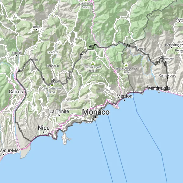 Karten-Miniaturansicht der Radinspiration "Epische Tour über die Ligurischen Alpen" in Liguria, Italy. Erstellt vom Tarmacs.app-Routenplaner für Radtouren