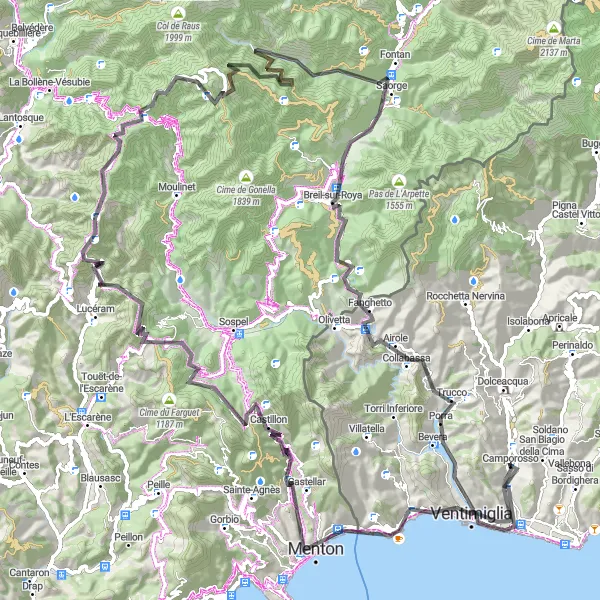 Mapa miniatúra "Trasa Ventimiglia - Col de Turini" cyklistická inšpirácia v Liguria, Italy. Vygenerované cyklistickým plánovačom trás Tarmacs.app