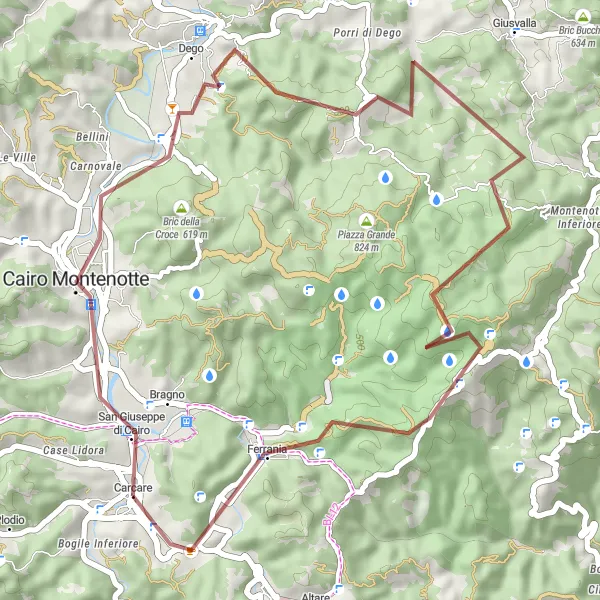 Miniaturní mapa "Gravel Route around Carcare" inspirace pro cyklisty v oblasti Liguria, Italy. Vytvořeno pomocí plánovače tras Tarmacs.app