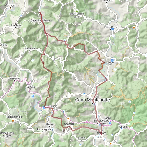 Miniature de la carte de l'inspiration cycliste "Découverte en Gravel: Boucle à Vélo Autour de Carcare" dans la Liguria, Italy. Générée par le planificateur d'itinéraire cycliste Tarmacs.app