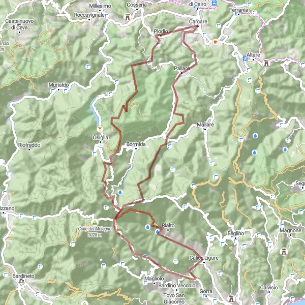 Map miniature of "Gravel Cycling Route near Carcare" cycling inspiration in Liguria, Italy. Generated by Tarmacs.app cycling route planner