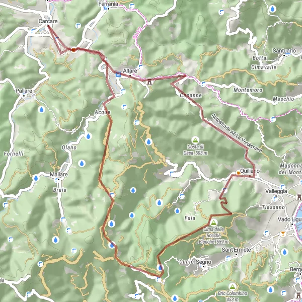 Map miniature of "Gravel Adventure to Altare" cycling inspiration in Liguria, Italy. Generated by Tarmacs.app cycling route planner