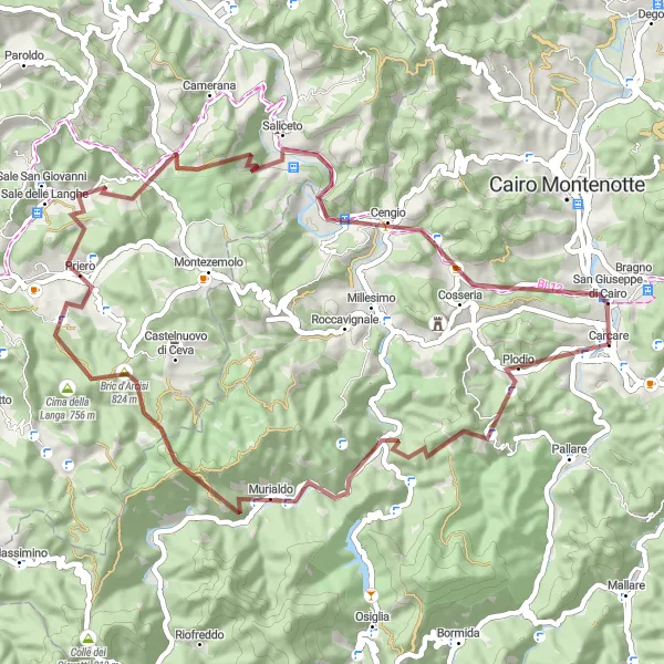 Map miniature of "Gravel Cycling Route near Carcare" cycling inspiration in Liguria, Italy. Generated by Tarmacs.app cycling route planner