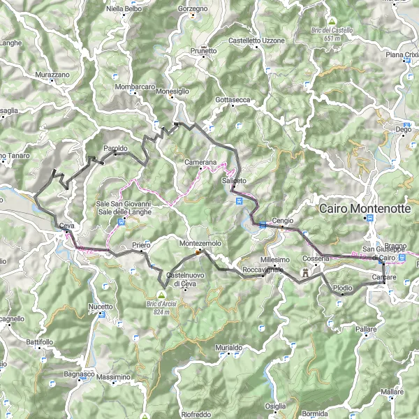 Map miniature of "Road Cycling Route near Carcare" cycling inspiration in Liguria, Italy. Generated by Tarmacs.app cycling route planner