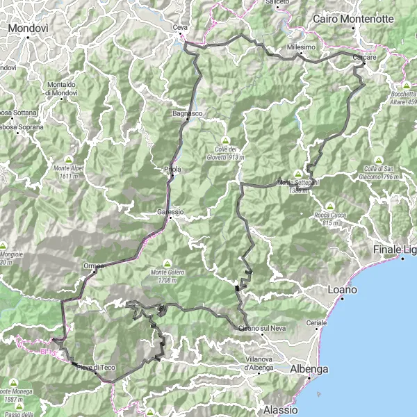 Miniaturní mapa "Významné kopce kolem Carcare" inspirace pro cyklisty v oblasti Liguria, Italy. Vytvořeno pomocí plánovače tras Tarmacs.app