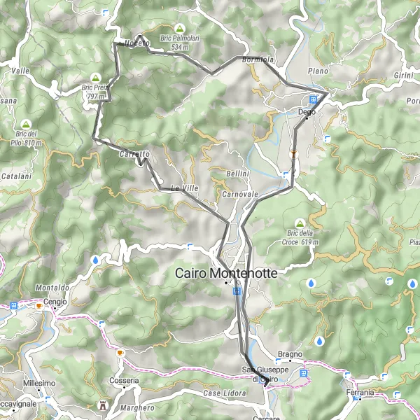 Kartminiatyr av "Vägen till Cairo Montenotte" cykelinspiration i Liguria, Italy. Genererad av Tarmacs.app cykelruttplanerare