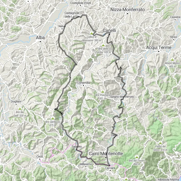 Kartminiatyr av "Landsvägscykling till Cairo Montenotte" cykelinspiration i Liguria, Italy. Genererad av Tarmacs.app cykelruttplanerare