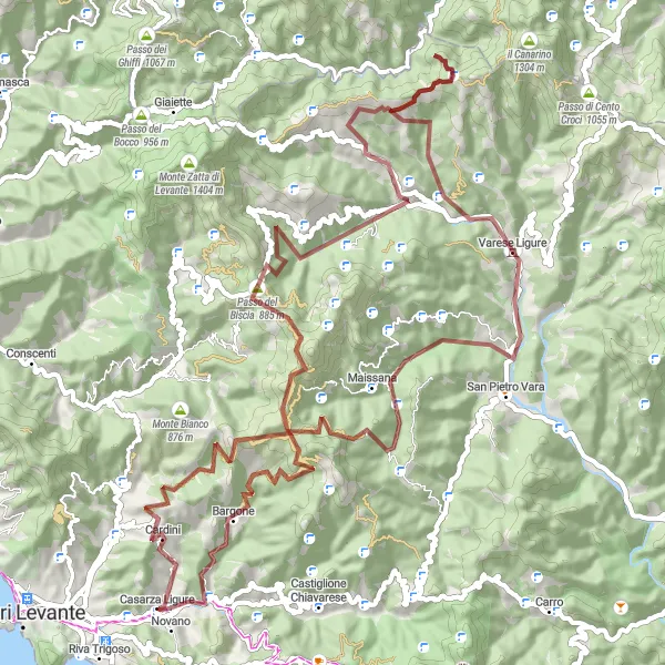 Zemljevid v pomanjšavi "Gravel avantura do Passo del Boccia di Bargone" kolesarske inspiracije v Liguria, Italy. Generirano z načrtovalcem kolesarskih poti Tarmacs.app
