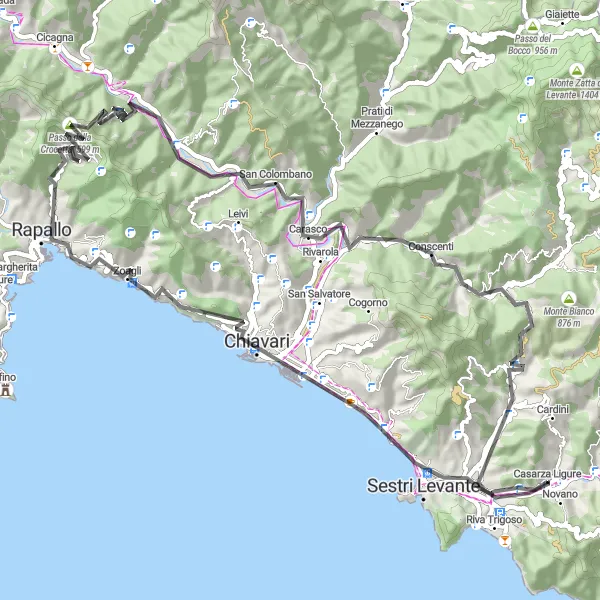 Miniatua del mapa de inspiración ciclista "Ruta de ciclismo en carretera a través de Liguria" en Liguria, Italy. Generado por Tarmacs.app planificador de rutas ciclistas