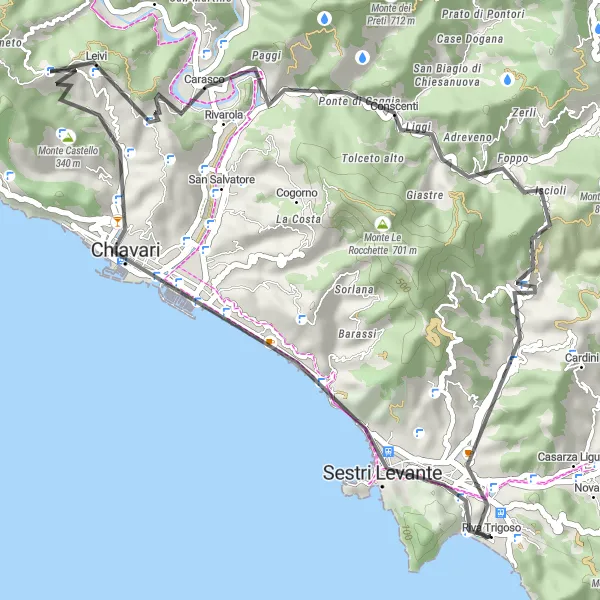 Map miniature of "Coastal Beauty Ride: Casarza Ligure to Villa Manierta" cycling inspiration in Liguria, Italy. Generated by Tarmacs.app cycling route planner