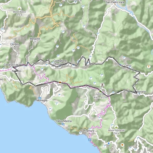 Map miniature of "Mountain Adventure: Casarza Ligure to Monte Moneglia" cycling inspiration in Liguria, Italy. Generated by Tarmacs.app cycling route planner