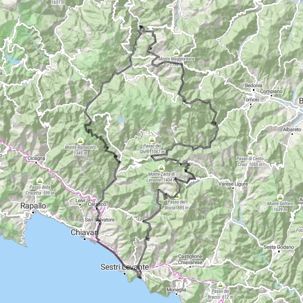 Miniaturní mapa "Cyklotrasa kolem Casarza Ligure" inspirace pro cyklisty v oblasti Liguria, Italy. Vytvořeno pomocí plánovače tras Tarmacs.app