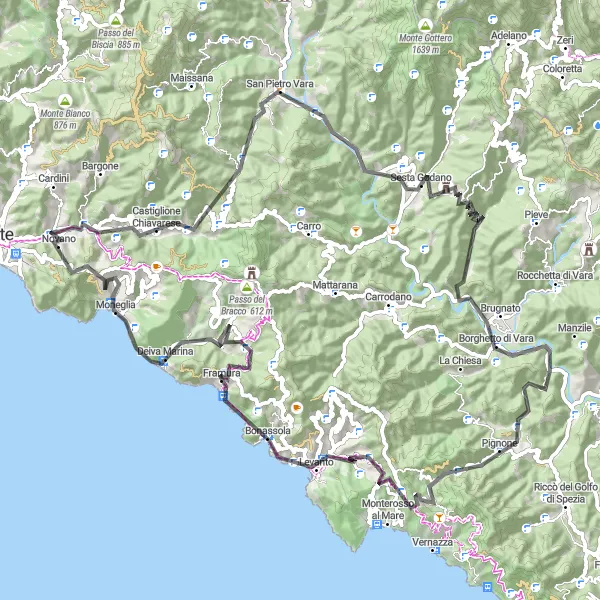 Miniatura della mappa di ispirazione al ciclismo "Avventura ciclistica verso Levanto" nella regione di Liguria, Italy. Generata da Tarmacs.app, pianificatore di rotte ciclistiche