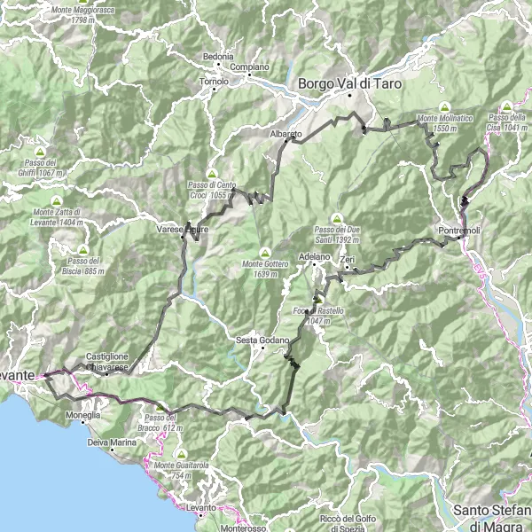 Zemljevid v pomanjšavi "Grandiozna kolesarska avantura: Castiglione Chiavarese" kolesarske inspiracije v Liguria, Italy. Generirano z načrtovalcem kolesarskih poti Tarmacs.app