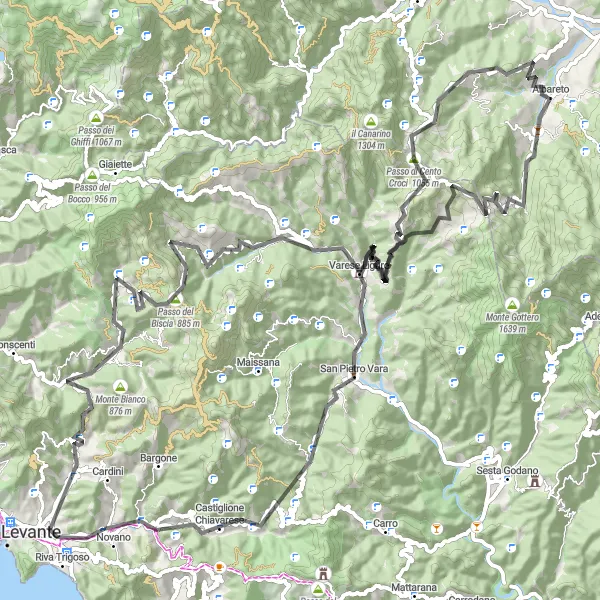 Karttaminiaatyyri "Challenging Mountain Circuit from Casarza Ligure" pyöräilyinspiraatiosta alueella Liguria, Italy. Luotu Tarmacs.app pyöräilyreittisuunnittelijalla