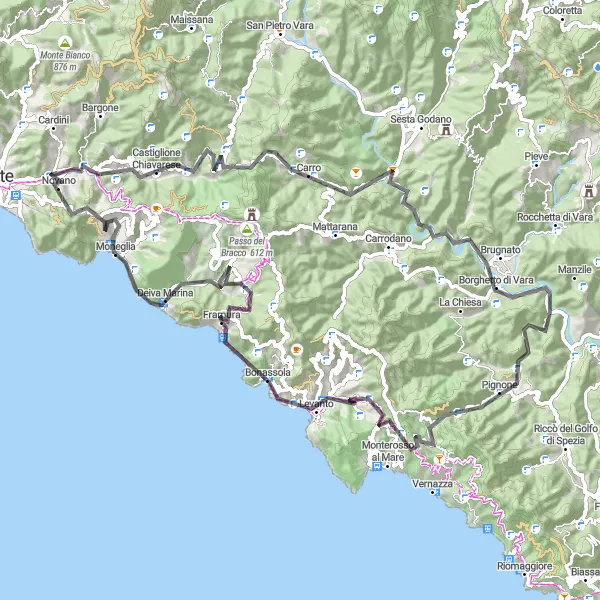 Karttaminiaatyyri "Historic Villages and Mountain Views Cycling Tour" pyöräilyinspiraatiosta alueella Liguria, Italy. Luotu Tarmacs.app pyöräilyreittisuunnittelijalla