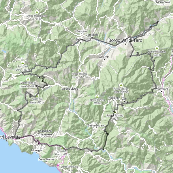 Miniature de la carte de l'inspiration cycliste "Tour des montagnes de Ligurie" dans la Liguria, Italy. Générée par le planificateur d'itinéraire cycliste Tarmacs.app