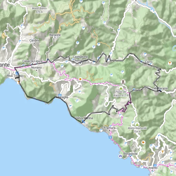 Zemljevid v pomanjšavi "Raziščite podeželje Ligurije" kolesarske inspiracije v Liguria, Italy. Generirano z načrtovalcem kolesarskih poti Tarmacs.app