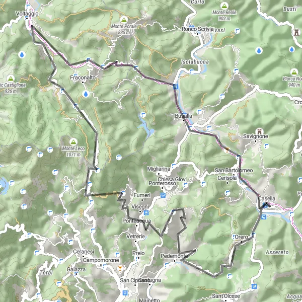 Miniatua del mapa de inspiración ciclista "Ruta pintoresca en carretera desde Casella" en Liguria, Italy. Generado por Tarmacs.app planificador de rutas ciclistas