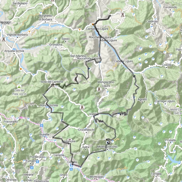 Miniaturní mapa "Poutní cesta krajinou Savignone" inspirace pro cyklisty v oblasti Liguria, Italy. Vytvořeno pomocí plánovače tras Tarmacs.app