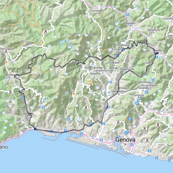 Zemljevid v pomanjšavi "Zabava okoli Caselle" kolesarske inspiracije v Liguria, Italy. Generirano z načrtovalcem kolesarskih poti Tarmacs.app