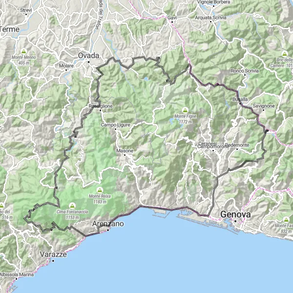 Zemljevid v pomanjšavi "Kolesarjenje okoli Ligurije" kolesarske inspiracije v Liguria, Italy. Generirano z načrtovalcem kolesarskih poti Tarmacs.app