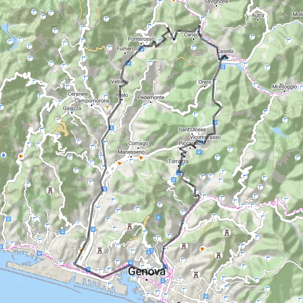Kartminiatyr av "Oppdagelser langs veien: Casella til Passo dei Giovi" sykkelinspirasjon i Liguria, Italy. Generert av Tarmacs.app sykkelrutoplanlegger