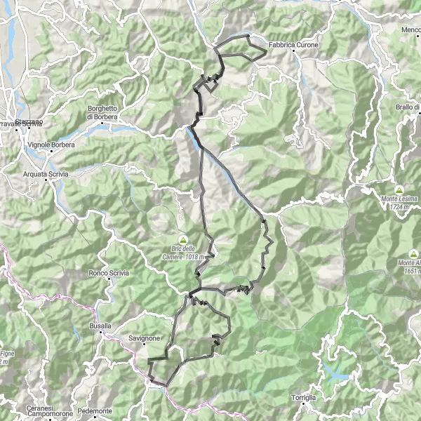 Miniatua del mapa de inspiración ciclista "Ruta de Casella a Vobbia por los Alpes Ligures" en Liguria, Italy. Generado por Tarmacs.app planificador de rutas ciclistas