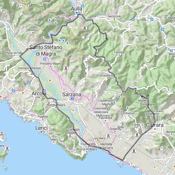 Zemljevid v pomanjšavi "Bujna narava in zgodovinske utrdbe ob obali" kolesarske inspiracije v Liguria, Italy. Generirano z načrtovalcem kolesarskih poti Tarmacs.app