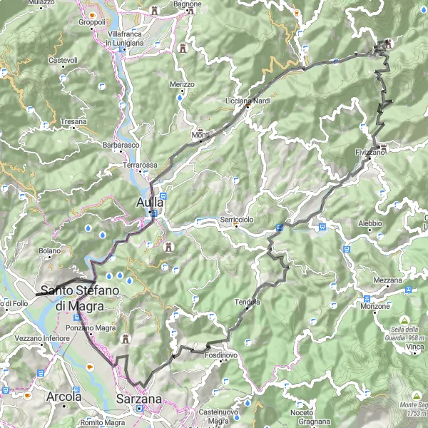 Miniatua del mapa de inspiración ciclista "Ruta de ciclismo Ceparana-Aulla-Crespiano-San Terenzo Monti" en Liguria, Italy. Generado por Tarmacs.app planificador de rutas ciclistas
