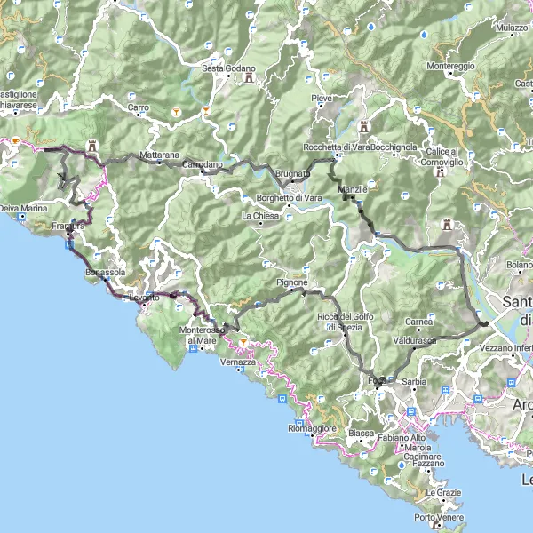 Karttaminiaatyyri "Merelliset maisemat ja vuoristomaisemat" pyöräilyinspiraatiosta alueella Liguria, Italy. Luotu Tarmacs.app pyöräilyreittisuunnittelijalla