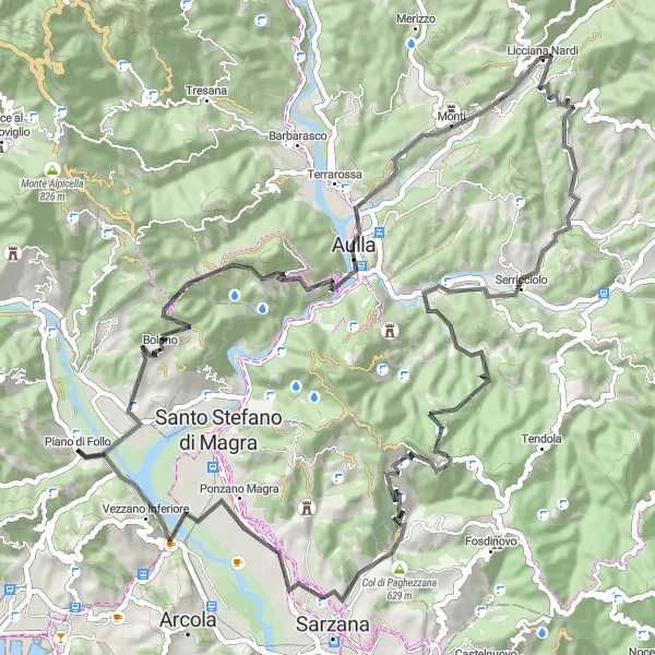 Miniatura della mappa di ispirazione al ciclismo "Cicloturismo tra Podenzana e Ponzano Magra" nella regione di Liguria, Italy. Generata da Tarmacs.app, pianificatore di rotte ciclistiche