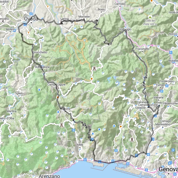 Miniatua del mapa de inspiración ciclista "Ruta de Ciclismo de Carretera a través de Passo del Turchino" en Liguria, Italy. Generado por Tarmacs.app planificador de rutas ciclistas