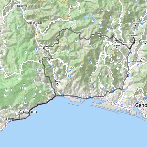 Miniatua del mapa de inspiración ciclista "Ruta de Ciclismo de Carretera Cerca de Ceranesi" en Liguria, Italy. Generado por Tarmacs.app planificador de rutas ciclistas