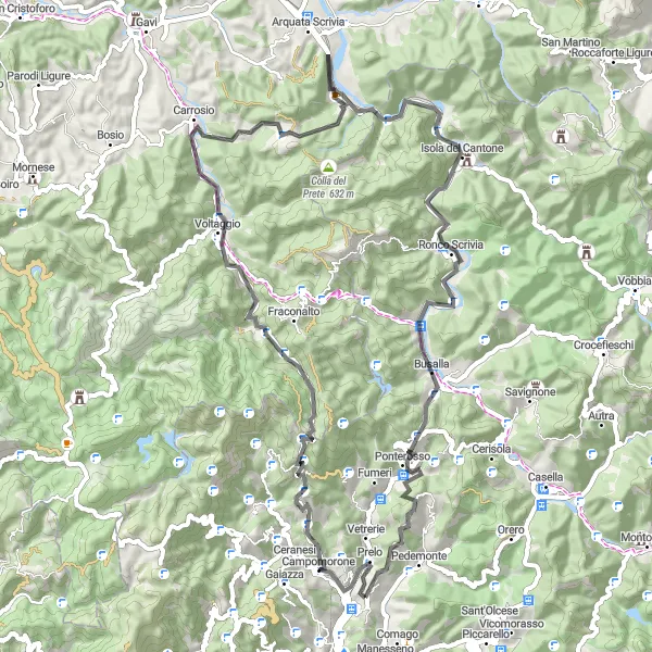 Karten-Miniaturansicht der Radinspiration "Rundfahrrad-Route um Ceranesi: Campomorone, Passo della Bocchetta, Ponte Romanico" in Liguria, Italy. Erstellt vom Tarmacs.app-Routenplaner für Radtouren