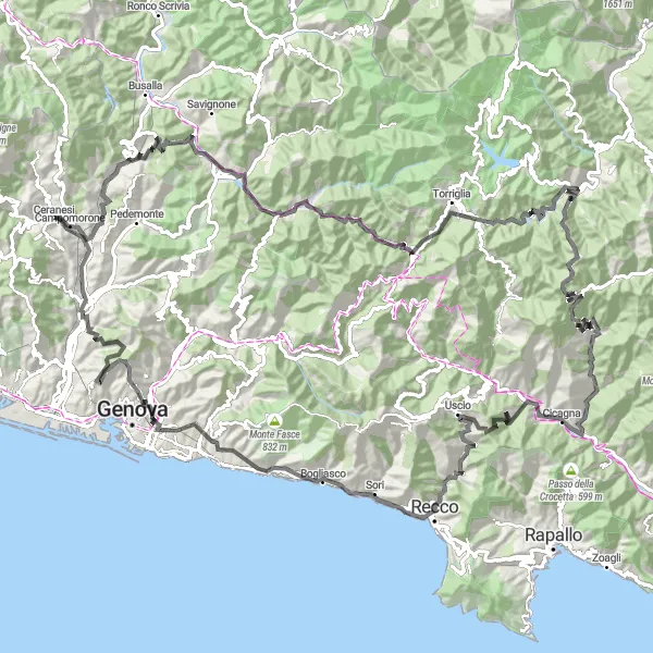 Miniatua del mapa de inspiración ciclista "Ruta de Ciclismo de Carretera Panorámica desde Ceranesi" en Liguria, Italy. Generado por Tarmacs.app planificador de rutas ciclistas