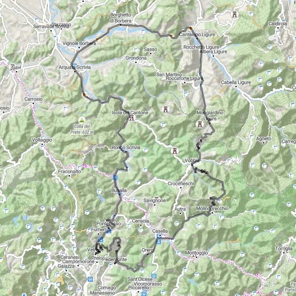Miniatua del mapa de inspiración ciclista "Recorrido de 111 km a través de Liguria y Piemonte" en Liguria, Italy. Generado por Tarmacs.app planificador de rutas ciclistas