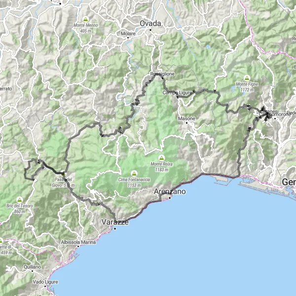 Kartminiatyr av "Bakketur gjennom Ligurias bakker" sykkelinspirasjon i Liguria, Italy. Generert av Tarmacs.app sykkelrutoplanlegger