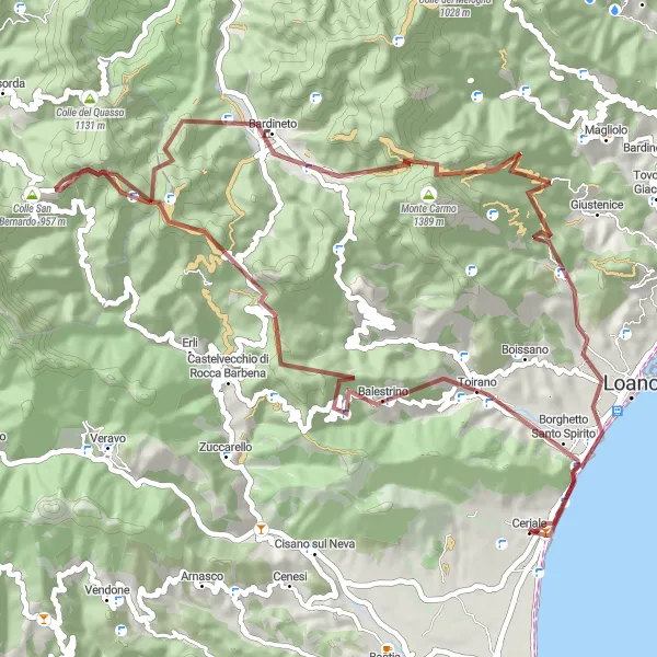 Miniature de la carte de l'inspiration cycliste "Tour des sommets ligures" dans la Liguria, Italy. Générée par le planificateur d'itinéraire cycliste Tarmacs.app