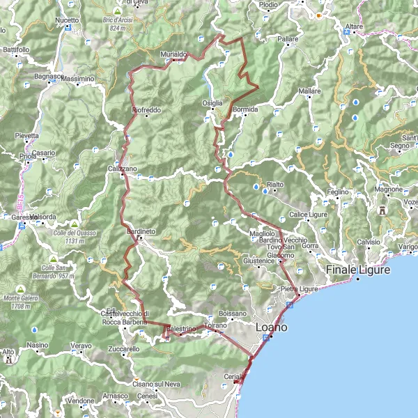 Map miniature of "Challenging Gravel Tour through Liguria's Mountains" cycling inspiration in Liguria, Italy. Generated by Tarmacs.app cycling route planner