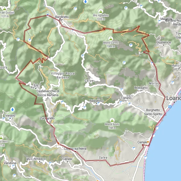 Map miniature of "Gravel Tour through Castelvecchio di Rocca Barbena and Monte Monfalcone" cycling inspiration in Liguria, Italy. Generated by Tarmacs.app cycling route planner