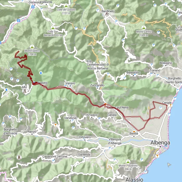 Map miniature of "Gravel Adventure in the Ligurian Mountains" cycling inspiration in Liguria, Italy. Generated by Tarmacs.app cycling route planner