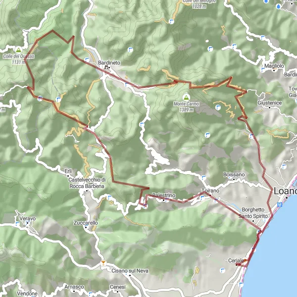 Miniature de la carte de l'inspiration cycliste "Randonnée Scénique à travers Ceriale et ses Environs" dans la Liguria, Italy. Générée par le planificateur d'itinéraire cycliste Tarmacs.app