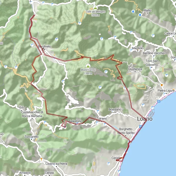 Miniatura della mappa di ispirazione al ciclismo "Gravel tra monti e paesaggi liguri" nella regione di Liguria, Italy. Generata da Tarmacs.app, pianificatore di rotte ciclistiche