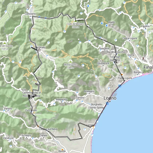 Miniatura della mappa di ispirazione al ciclismo "Il Giro delle Montagne Liguri" nella regione di Liguria, Italy. Generata da Tarmacs.app, pianificatore di rotte ciclistiche