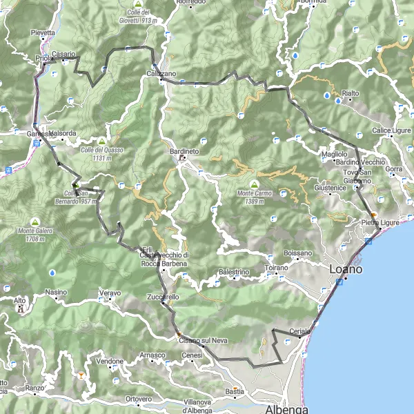 Miniatura della mappa di ispirazione al ciclismo "Giro in Road da Ceriale a Monte Piccaro" nella regione di Liguria, Italy. Generata da Tarmacs.app, pianificatore di rotte ciclistiche