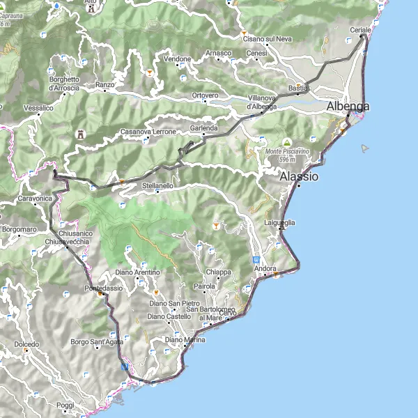 Map miniature of "Scenic Road Cycling Tour from Ceriale to Imperia" cycling inspiration in Liguria, Italy. Generated by Tarmacs.app cycling route planner