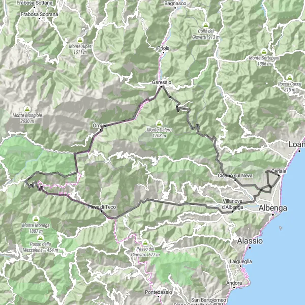 Miniature de la carte de l'inspiration cycliste "Les Montagnes Ligures" dans la Liguria, Italy. Générée par le planificateur d'itinéraire cycliste Tarmacs.app