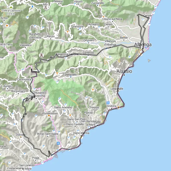 Miniatura della mappa di ispirazione al ciclismo "Il Giro delle Colline Liguri" nella regione di Liguria, Italy. Generata da Tarmacs.app, pianificatore di rotte ciclistiche